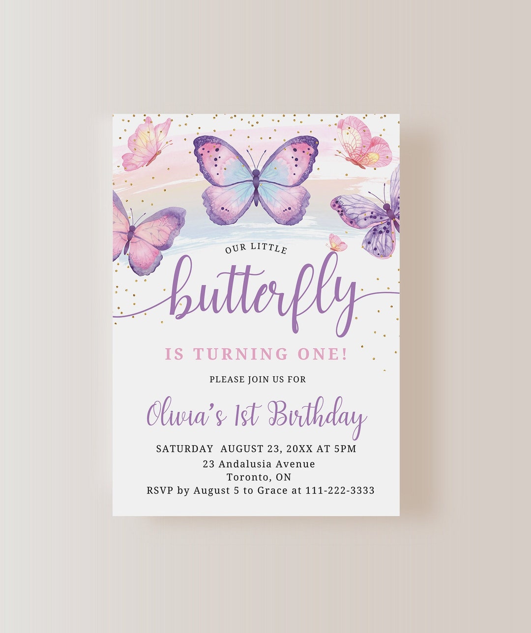Butterfly Birthday Party Invitation, Girls, Gold, Butterflies, Princess ...