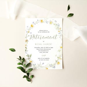 de Invitation à une fête de départ en retraite, Bague ovale marguerite fleurs sauvages | Invitation de jardin à imprimer, rustique, fête surprise, smartphone - DIY CANVA