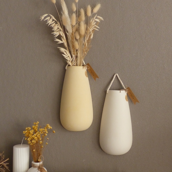 Wandvase Wanddeko, creme/ocker, Hartgips, hängende Vase, Trockenblumen, Gräser, Wandbild, Bild, Deko,