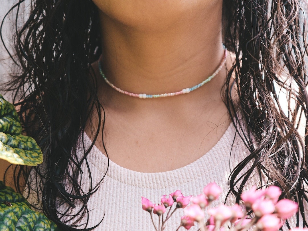 Chokers Subtle Pastel Seed Bead Choker: Subtle Bi Pride Rainbow Necklace - Etsy