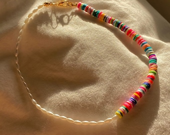 Perle und Perlenkette, Perle und bunte Perlen Halskette, Perlen Halskette, Perlen Perle Halsband, Sommer Schmuck Muttertagsgeschenk