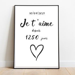Affiche ou carte postale couple je t’aime depuis, personnalisable, nombre de jours et dates aux choix VERSION NUMERIQUE