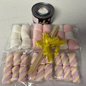 May include: A s'mores kit with a fuel can, marshmallows, and skewers. The marshmallows are in clear packaging. Some are white, others are pink and yellow twisted. A yellow bow is tied around the skewers.