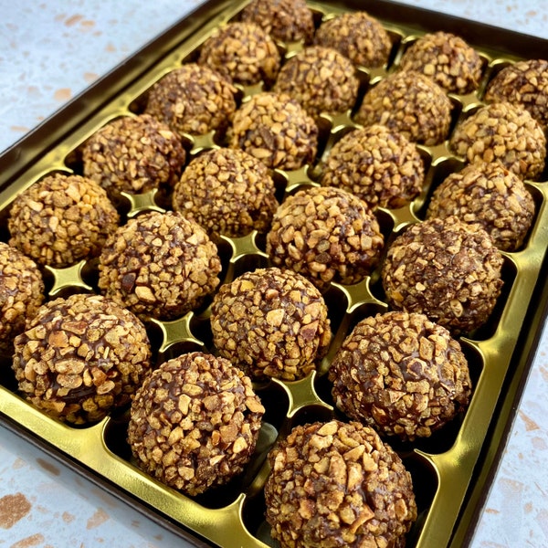 Vegan Ferrero Rocher Hazelnut Cream Chocolate Truffles Handmade Artisan Crème Caramelised Crunch