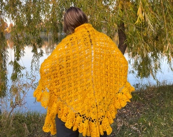 Handmade crochet shawl, hand knit shawl, large yellow shawl, handmade triangle shawl, crochet wrap, faal woman shawl