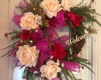 Floral Summer Wreath for Front Door, Roses, Hydrangeas, Peonies, Gifts for her, Mother’s Day Wreath, Grapevine Wreath, Welcome Wreath