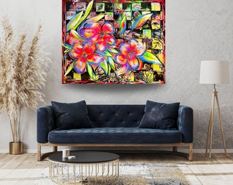 Original Floral Acrylic Resin Painting on Canvas, Trippy Psychedelic Art, Checkered Home Decor, Orchid Arrangement for Living Room