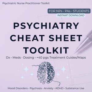 May include: A light purple digital document titled Psychiatry Cheat Sheet Toolkit for NPs, PAs, and students. It features a brain illustration, star icons, and text listing Dx, Meds, Dosing, and 40 pages of treatment guides for mood disorders.