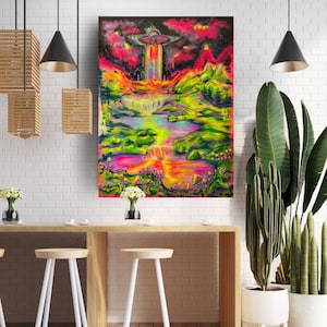 Original Alien Waterfall Landscape Acrylic Resin Painting on Canvas, Neon Blacklight Art, Trippy Home Decor, Psychedelic UFO for Living Room