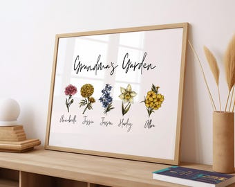 Grandma’s Garden Birth Flower Print, personalised grandchildren birth month flower gift for Grandma