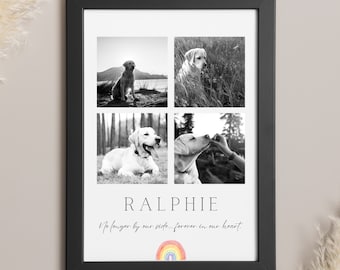 May include: Black and white photo collage of a dog named Ralphie. The collage includes four photos of the dog in different poses. The text "Ralphie" is written in a black font at the top of the collage. Below the photos, the text "No longer by our side...forever in our heart" is written in a black font. A rainbow is drawn below the text.