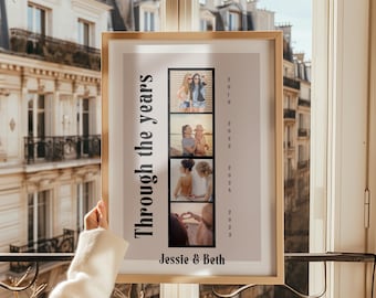 May include: A framed print with a light beige background features four vertical photo strips. The text "Through the years" is on the left, and the names "Jessie & Beth" are at the bottom. The frame is a light wood color.