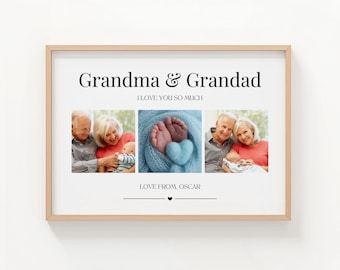 May include: A framed print with the words "Grandma & Grandad" at the top. The print includes three photos: a couple with a baby, baby feet with a blue heart, and another couple. The text "I LOVE YOU SO MUCH" and "LOVE FROM, OSCAR" are also included.