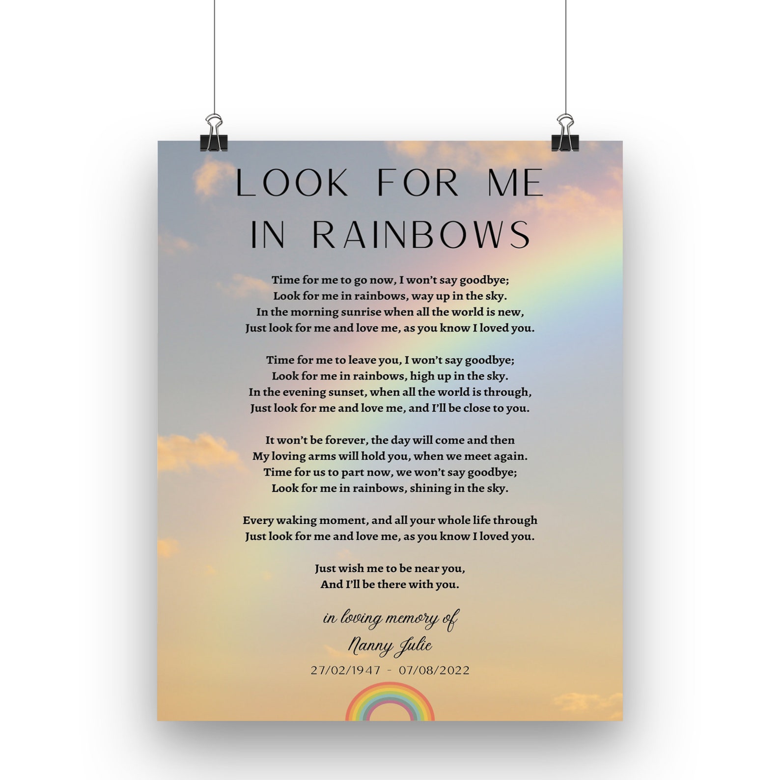 Look for Me in Rainbows Digital File Made to Order - Etsy UK