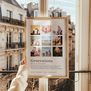 May include: A framed print with a light wood frame, displaying nine family photos. The word "Generations" is printed below the photos, along with a definition. The print is held in front of a window with a view of a European-style building.