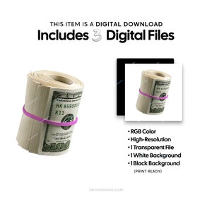 Wad of Cash Money Pink Banded Hundred Dollar Bills PNG Graphic Instant Digital Download Files image 3