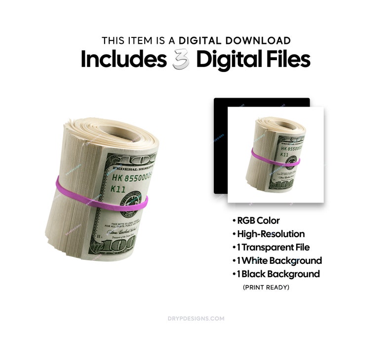 Wad of Cash Money Pink Banded Hundred Dollar Bills PNG Graphic Instant Digital Download Files image 3