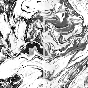 Op de afbeelding: Abstract marmerpatroon in zwart en wit met draaiende lijnen en vormen. Het patroon doet denken aan vloeibare verf of inkt.