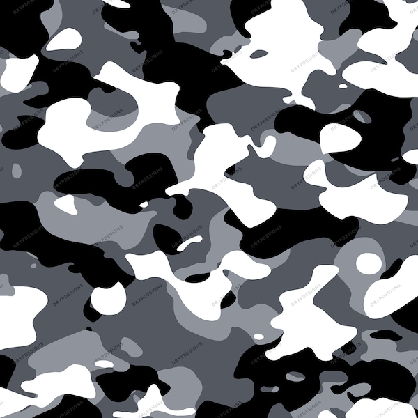 Black + White + Gray Camouflage Seamless Digital Paper Background Pattern - Military Camo PNG - Digital Download Files