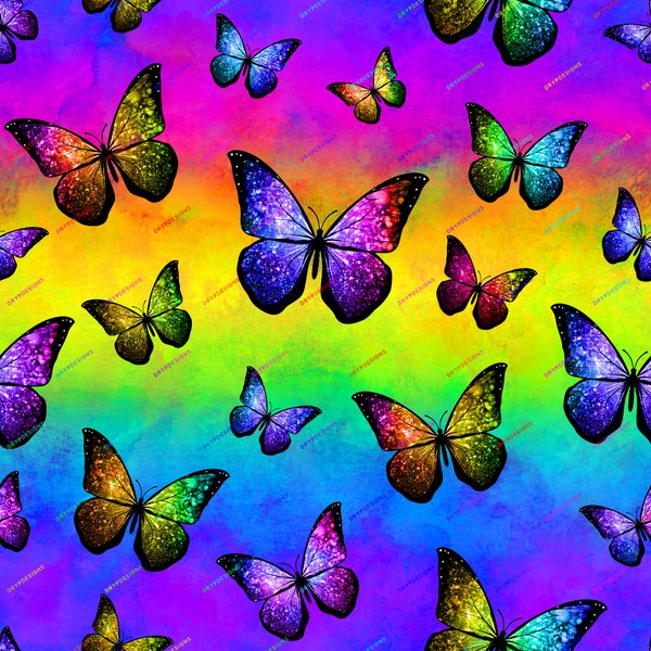 Rainbow Glitter Butterfly Seamless Digital Paper Background Pattern - Vibrant Neon Gradient Wallpaper PNG - Instant Digital Download Files