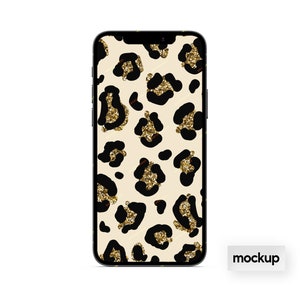 May include: A black smartphone with a gold and black leopard print wallpaper. The phone is on a white background with the word "mockup" in the bottom right corner.
