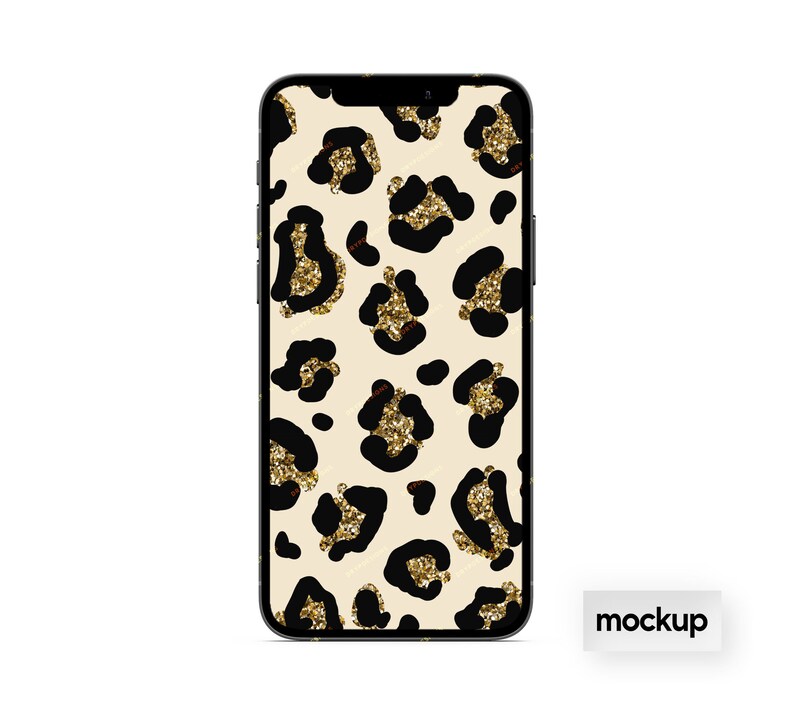 May include: A black smartphone with a gold and black leopard print wallpaper. The phone is on a white background with the word "mockup" in the bottom right corner.