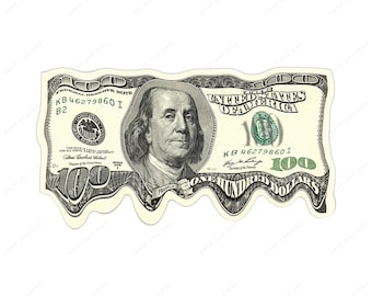 May include: A US $100 bill with a portrait of Benjamin Franklin is melting. The bill is green and white with the words "United States of America" and "One Hundred Dollars" printed on it. The bill has the serial number "KB 46279860 I B2".