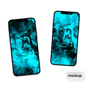 May include: Two black iPhone mockups with a blue and black smoke design on the screen.