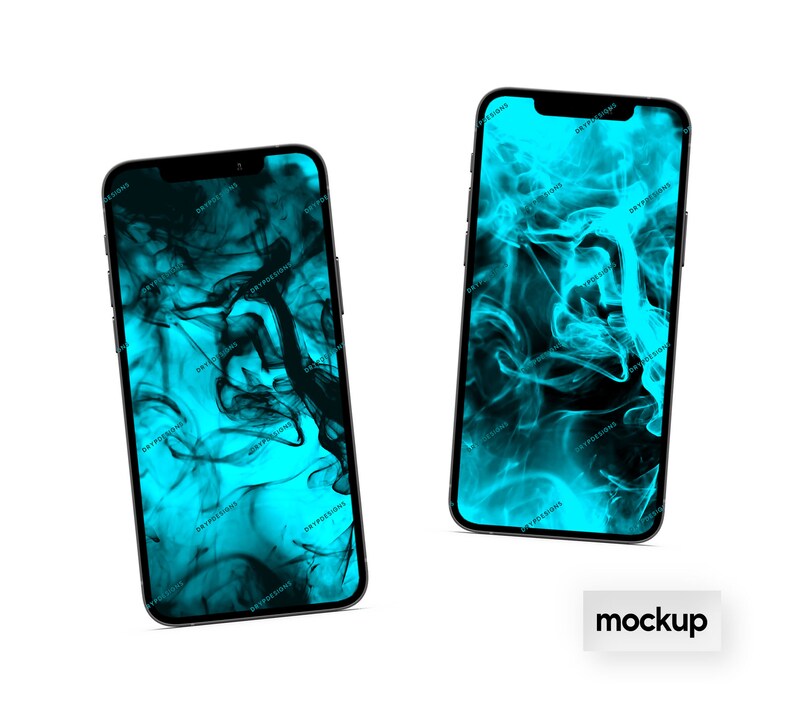 May include: Two black iPhone mockups with a blue and black smoke design on the screen.