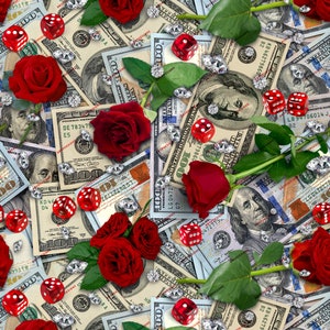 Könnte beinhalten: Ein nahtloses Muster mit roten Rosen, grünen Blättern und US-Dollar-Scheinen. Die Scheine sind über das gesamte Muster verteilt und zeigen verschiedene Stückelungen, darunter 100-Dollar-Scheine. Außerdem sind rote Würfel über das gesamte Muster verteilt.