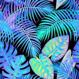 Holographische Neon Tropische Pflanzen Nahtlose Digitales Papier Hintergrundmuster - Fluoreszierende Blätter Wallpaper PNG digitale Download Dateien