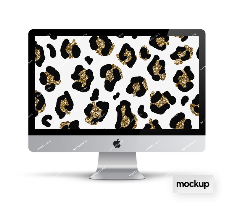 May include: A computer screen displaying a digital wallpaper with a black and white leopard print pattern with gold glitter accents. The computer is a silver iMac with a white background.