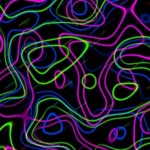 May include: Abstract digital art featuring a black background with overlapping neon green, pink, and blue lines forming a wavy pattern.