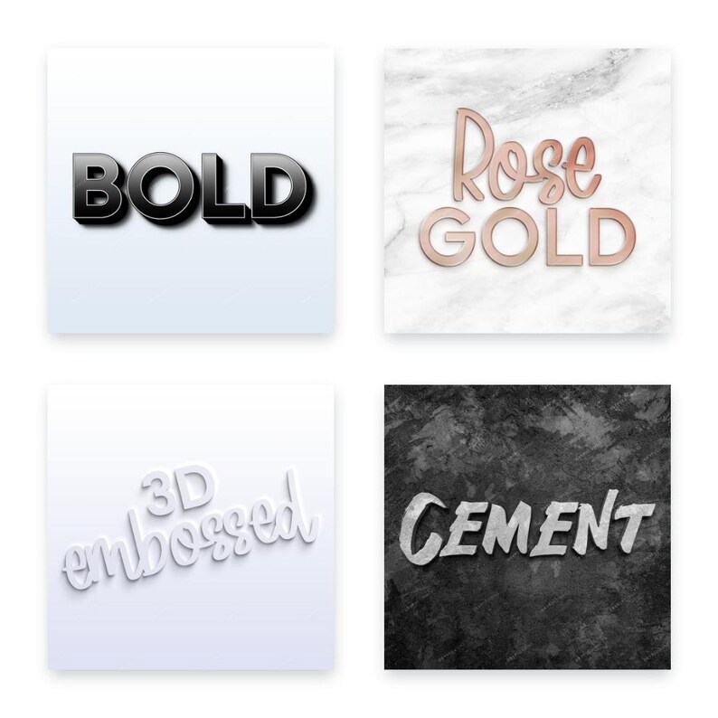 May include: Four different text styles are shown on different backgrounds. The first is "BOLD" in black 3D text on a white background. The second is "Rose GOLD" in rose gold text on a white marble background. The third is "3D embossed" in white 3D text on a light blue background. The fourth is "CEMENT" in white text on a black cement background.