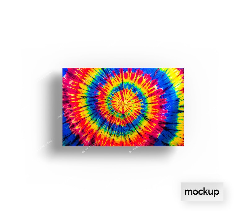 May include: A colorful tie-dye pattern in shades of red, yellow, blue, and green. The pattern is a spiral design with a white center.