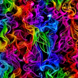 Könnte beinhalten: Abstrakte digitale Kunst mit wirbelndem, farbigem Rauch in Rot-, Orange-, Gelb-, Grün-, Blau-, Indigo- und Violetttönen vor schwarzem Hintergrund.