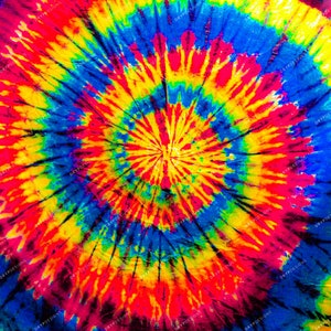 May include: A colorful tie-dye pattern in shades of red, yellow, blue, and green. The pattern is circular and resembles a spiral.
