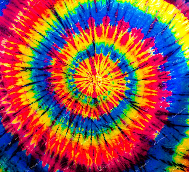 May include: A colorful tie-dye pattern in shades of red, yellow, blue, and green. The pattern is circular and resembles a spiral.