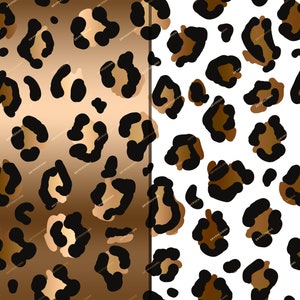 May include: A seamless pattern featuring a leopard print design with black spots on a brown and gold gradient background. The pattern is repeated on the right side of the image on a white background.