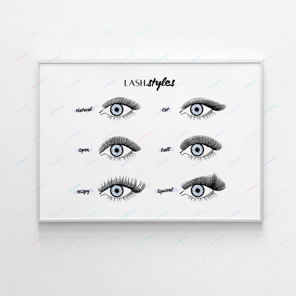 Eyelash Extension Style Chart Digital Art Print - Esthetician Lash Artist Branding - druckbare Wandkunst PNG Grafik - Digitaler Download