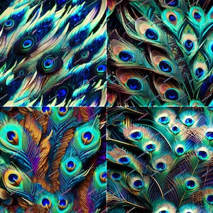 Peacock Feathers Seamless Digital Paper Background Bundle - Vibrant Iridescent Exotic Animal Print Wallpaper PNG - Digital Download Files