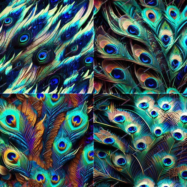 Peacock Feathers Seamless Digital Paper Background Bundle - Vibrant Iridescent Exotic Animal Print Wallpaper PNG - Digital Download Files