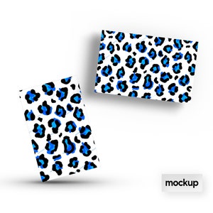 May include: Two mockups of a business card with a blue and black leopard print design. The text "mockup" is printed on a white background.