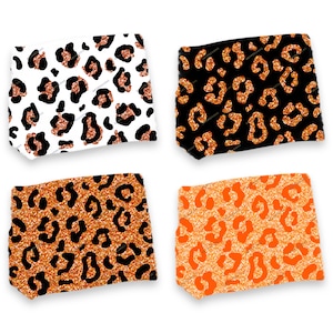 May include: Four digital paper patterns featuring a leopard print with a glittery gold texture. The patterns are on a white, black, orange, and brown background.