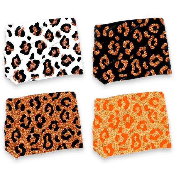 Orange Glitter Leopard Print Seamless Background Pattern Bundle - Black + Orange Cheetah Print Digital Paper PNG - Digital Download Files