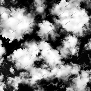 May include: A seamless pattern of white clouds against a black background. The clouds are fluffy and appear to be moving across the sky.