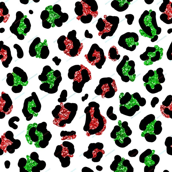 Red + Green Glitter Leopard Print PNG - Seamless Leopard Pattern Overlay - Xmas Cheetah Print - Transparent PNG Digital Download Files