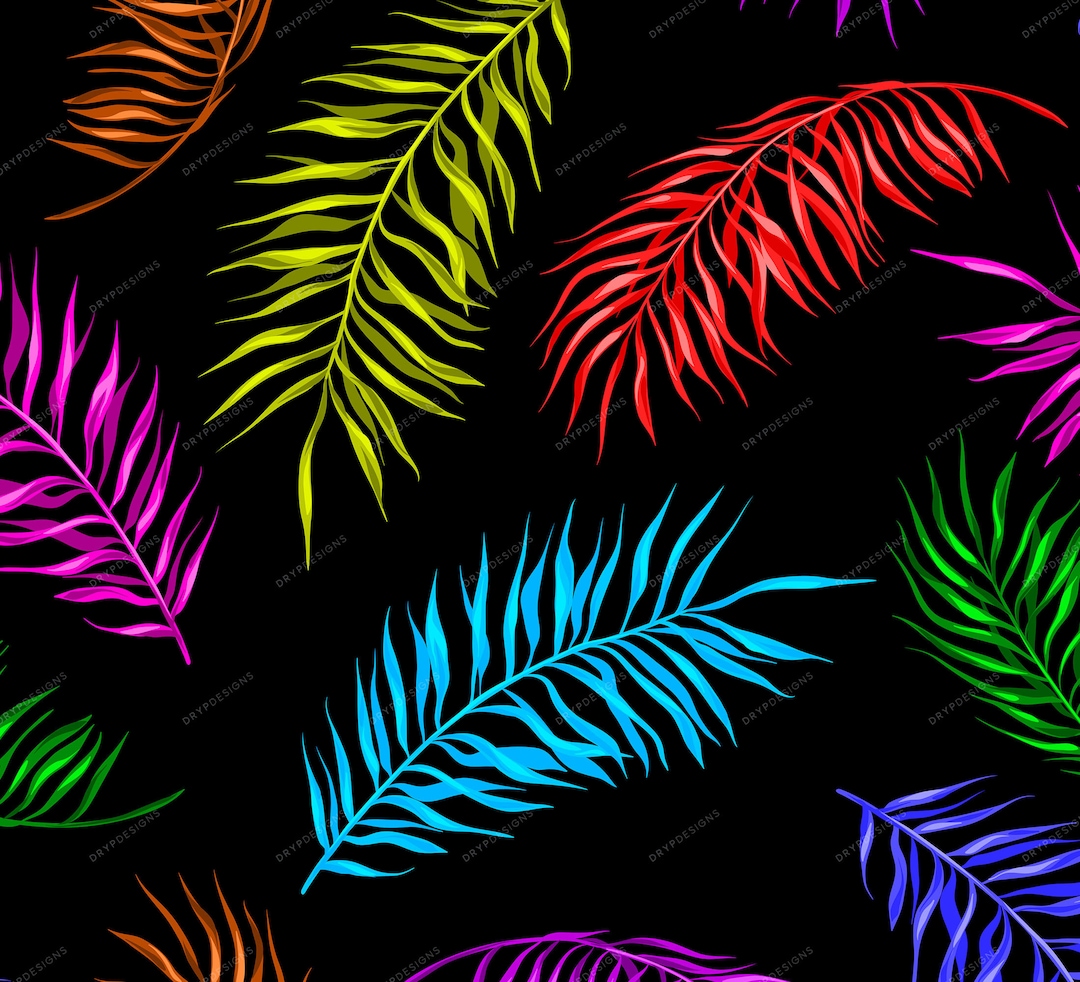 Tropical Palm Leaves Seamless Neon Background Pattern PNG - Digital ...