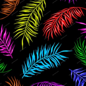 May include: A seamless pattern featuring colorful palm leaves in shades of red, orange, yellow, green, blue, and purple against a black background.