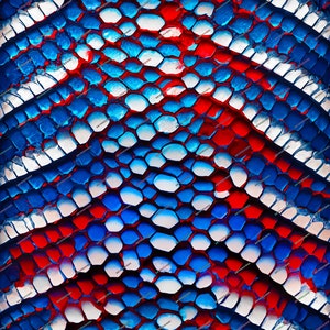 Può includere: Motivo astratto di squame rosse, bianche e blu, che ricorda la pelle di un serpente o le squame di un pesce.
